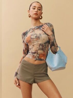 Reformation Sheer Abstract Print Long Sleeve Mesh Top XS